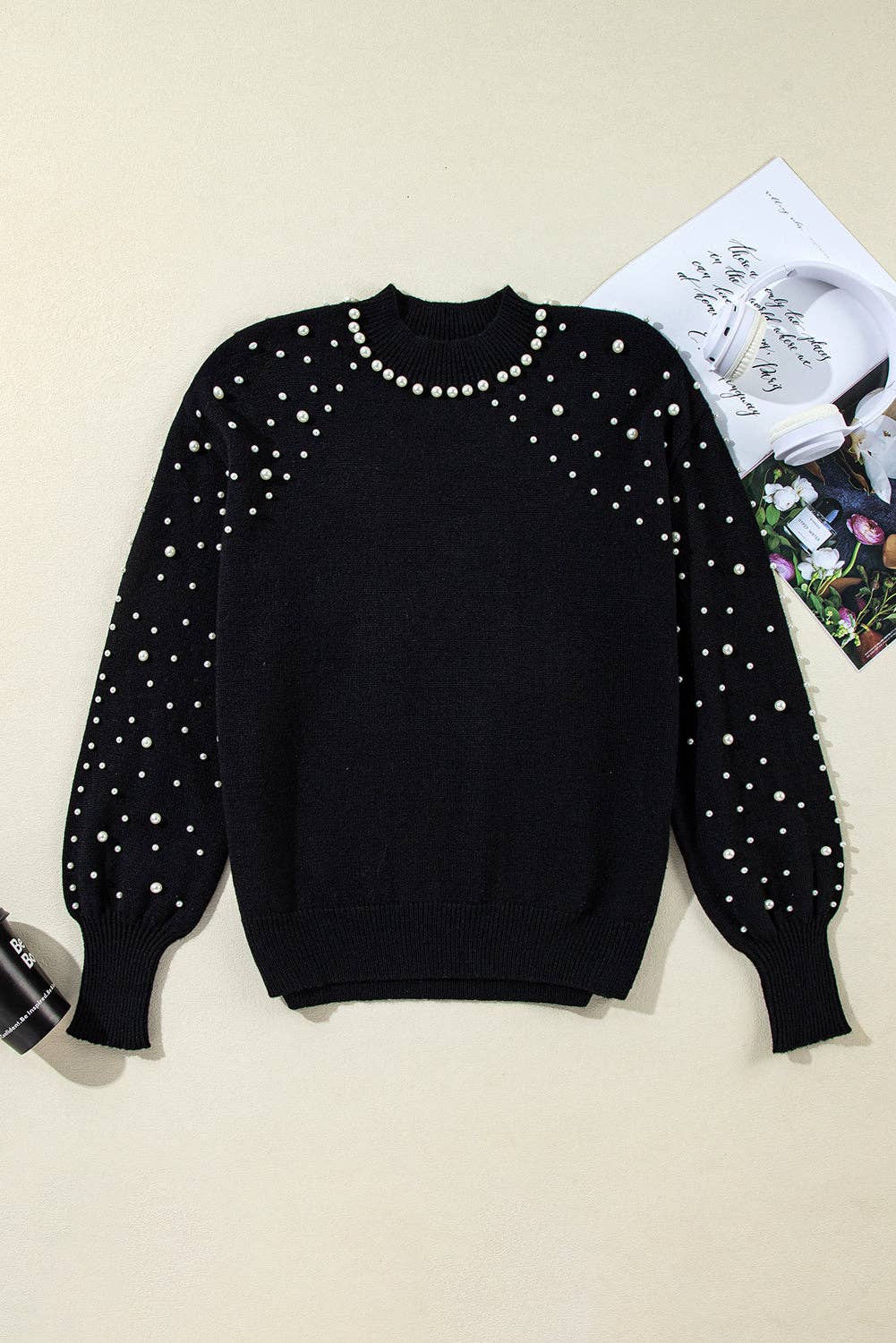 Pearl Beaded Bishop Sleeve Sweater: Black / XL