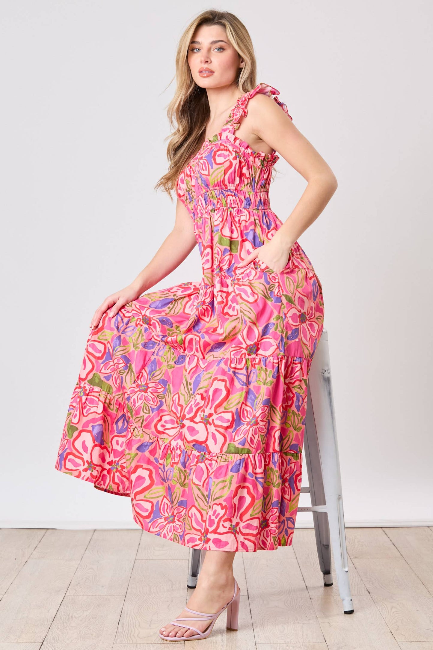 Floral Prints Pleated Detail Midi Dress: L / CORAL/PINK MULTI