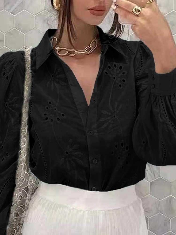 Eyelet Puff Long Sleeves V-neck Shirt DY248: White / S