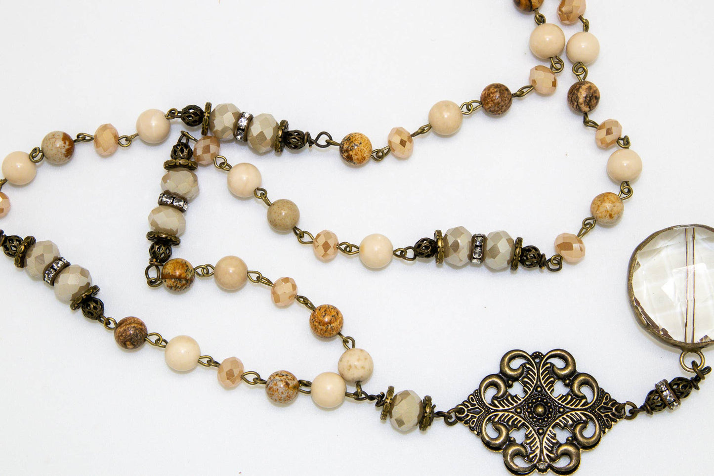 Necklace Long Brown Jasper Chain w/Circle Glass Drop