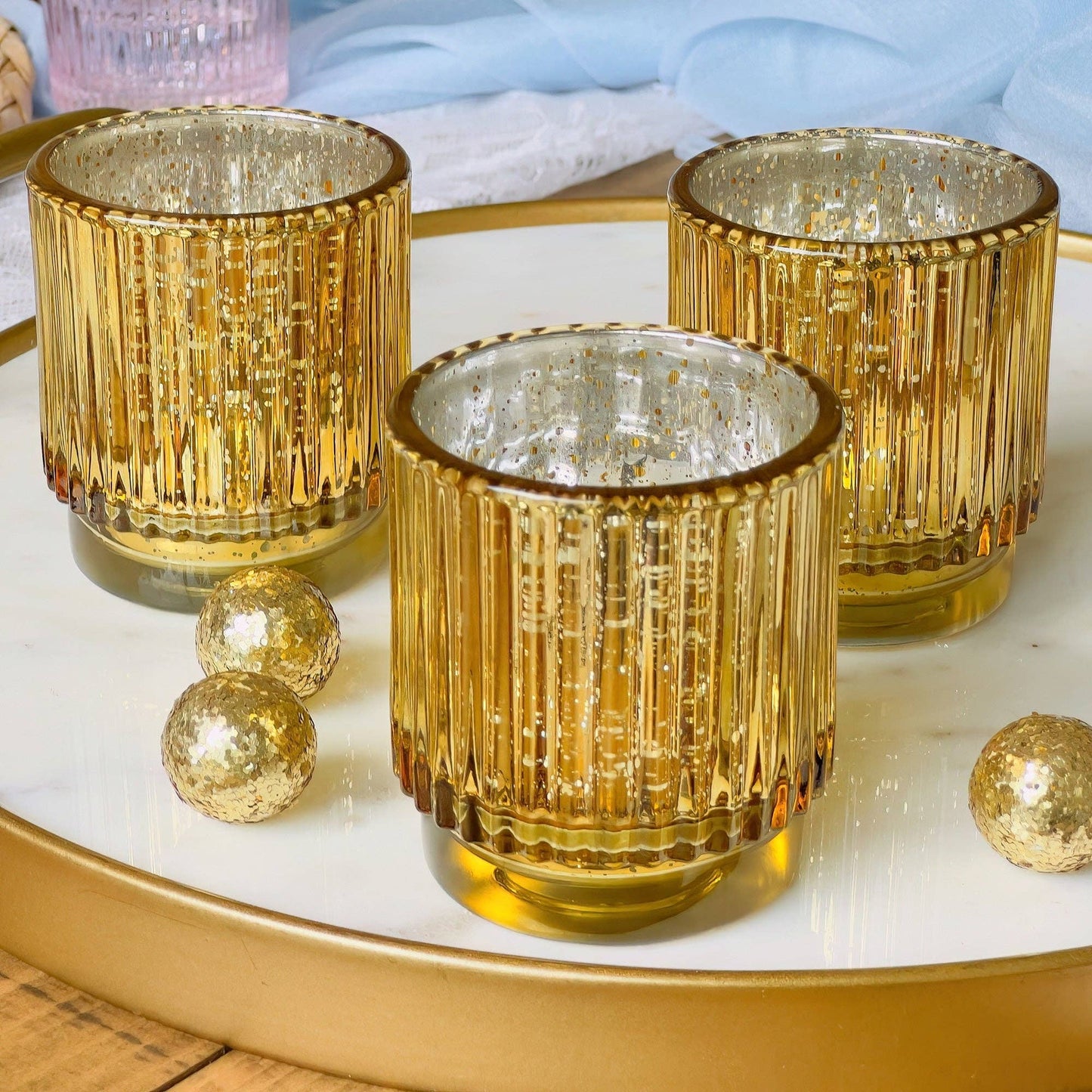 Ribbed Gold Glass Votive Candle Holder (Set of 6)