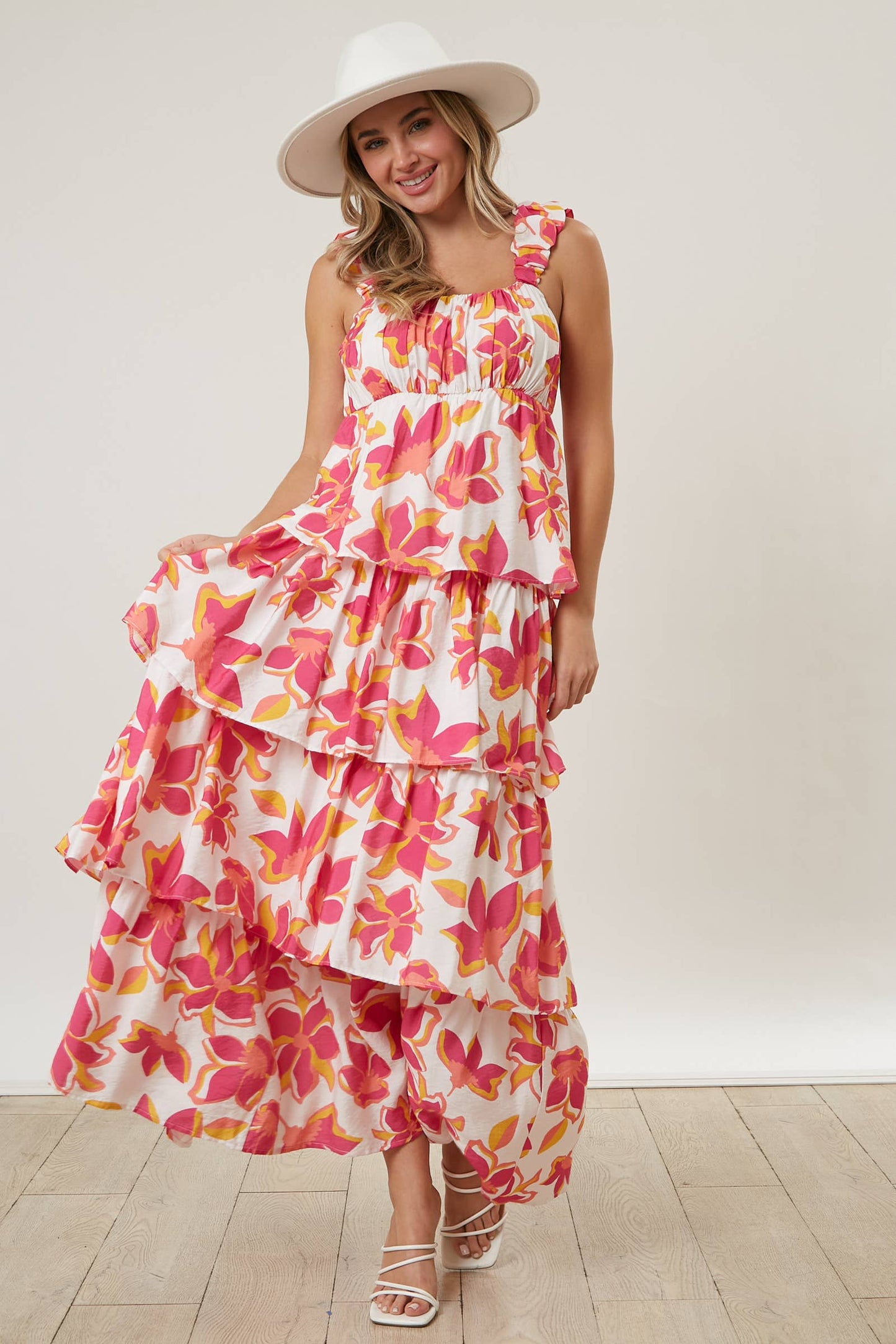 Tiered Floral Maxi Dress: WHITE/FUCHSIA / M