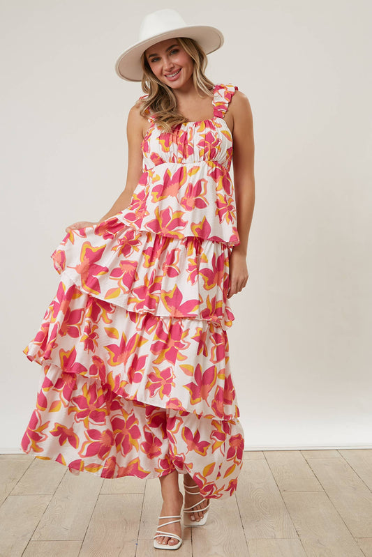 Tiered Floral Maxi Dress: WHITE/FUCHSIA / L