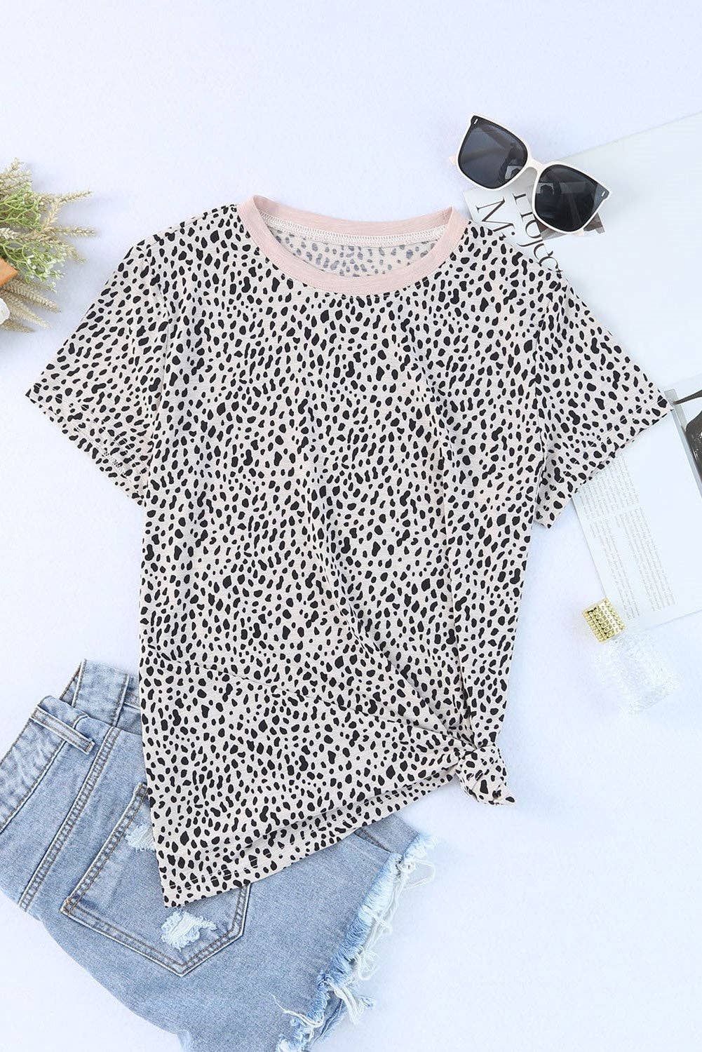 Leopard Print Short Sleeve Spotted Tee T Shirt Top: L / Apricot