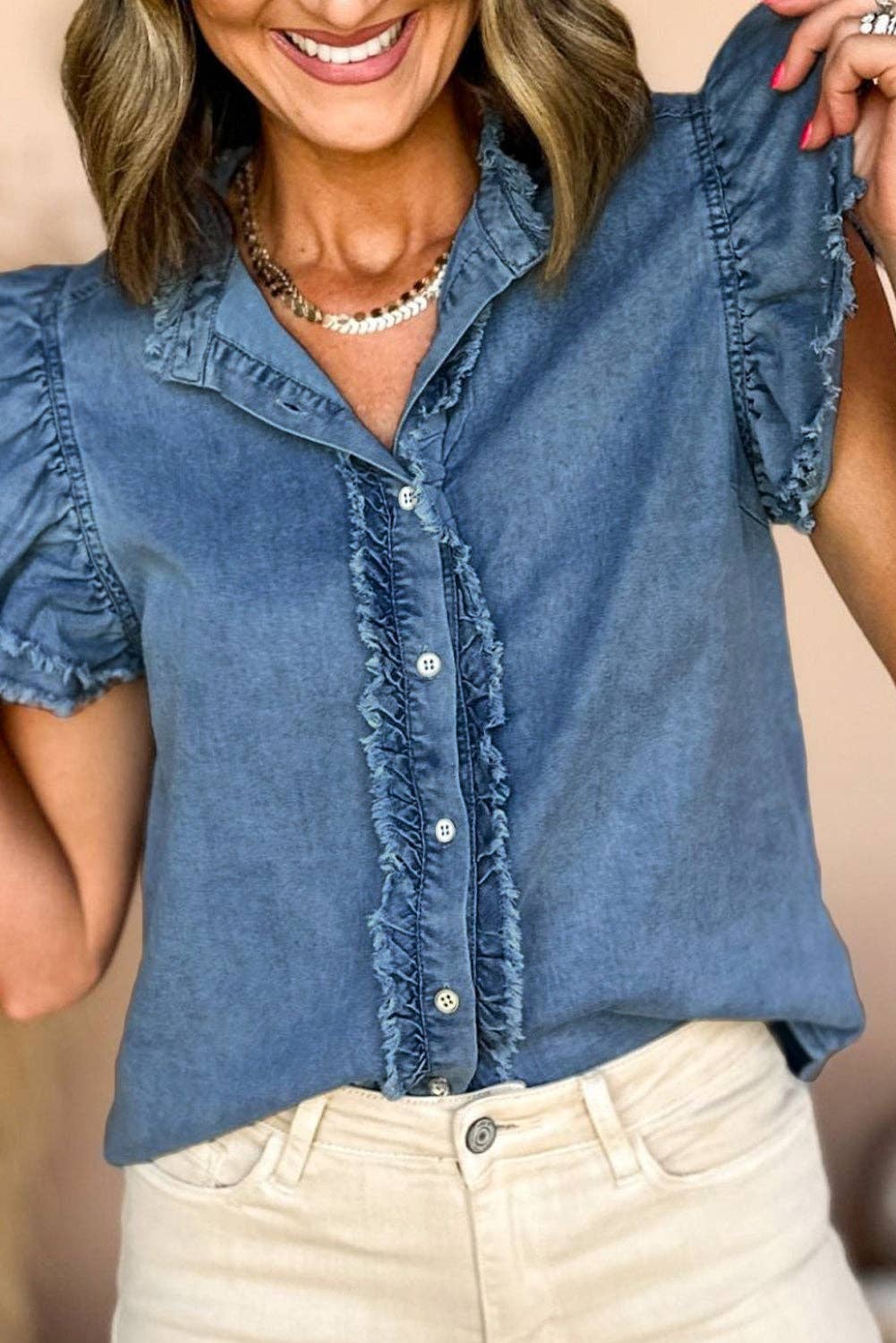 Button Front Ruffled Flutter Frayed Denim Top: Black / L