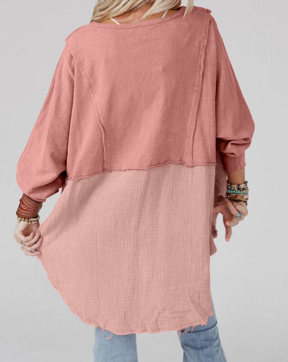 Crinkle Patchwork Raw Edge Blouse: Orange / 80%Polyester+20%Cotton / L