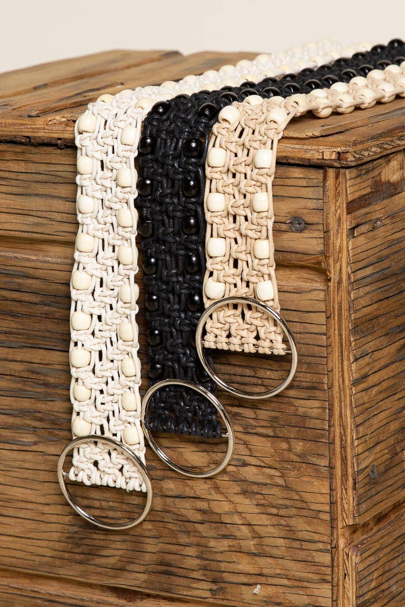 Leatherette beaded pattern detail 'O' ring adjustable belt: BEIGE / OS