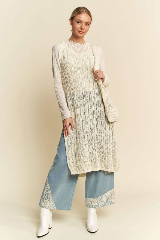 KNIT SIDE SLIT ROUND NECK SLEEVE LESS DRESS & BAG: Beige / L