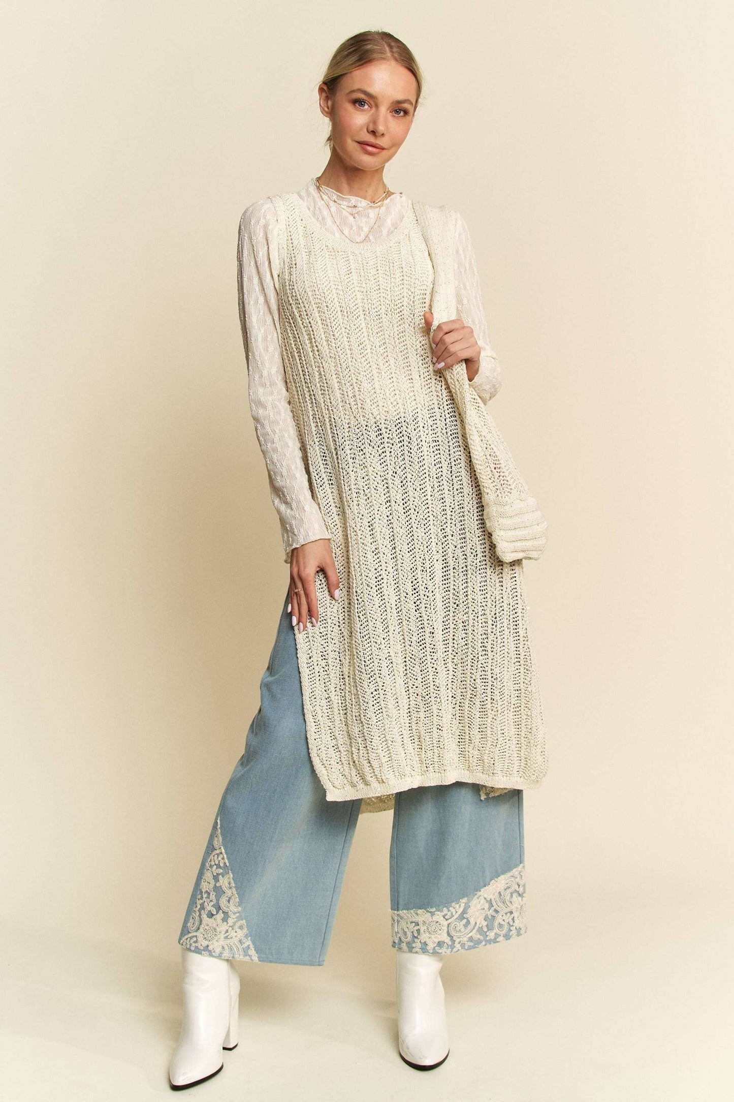 KNIT SIDE SLIT ROUND NECK SLEEVE LESS DRESS & BAG: Beige / S