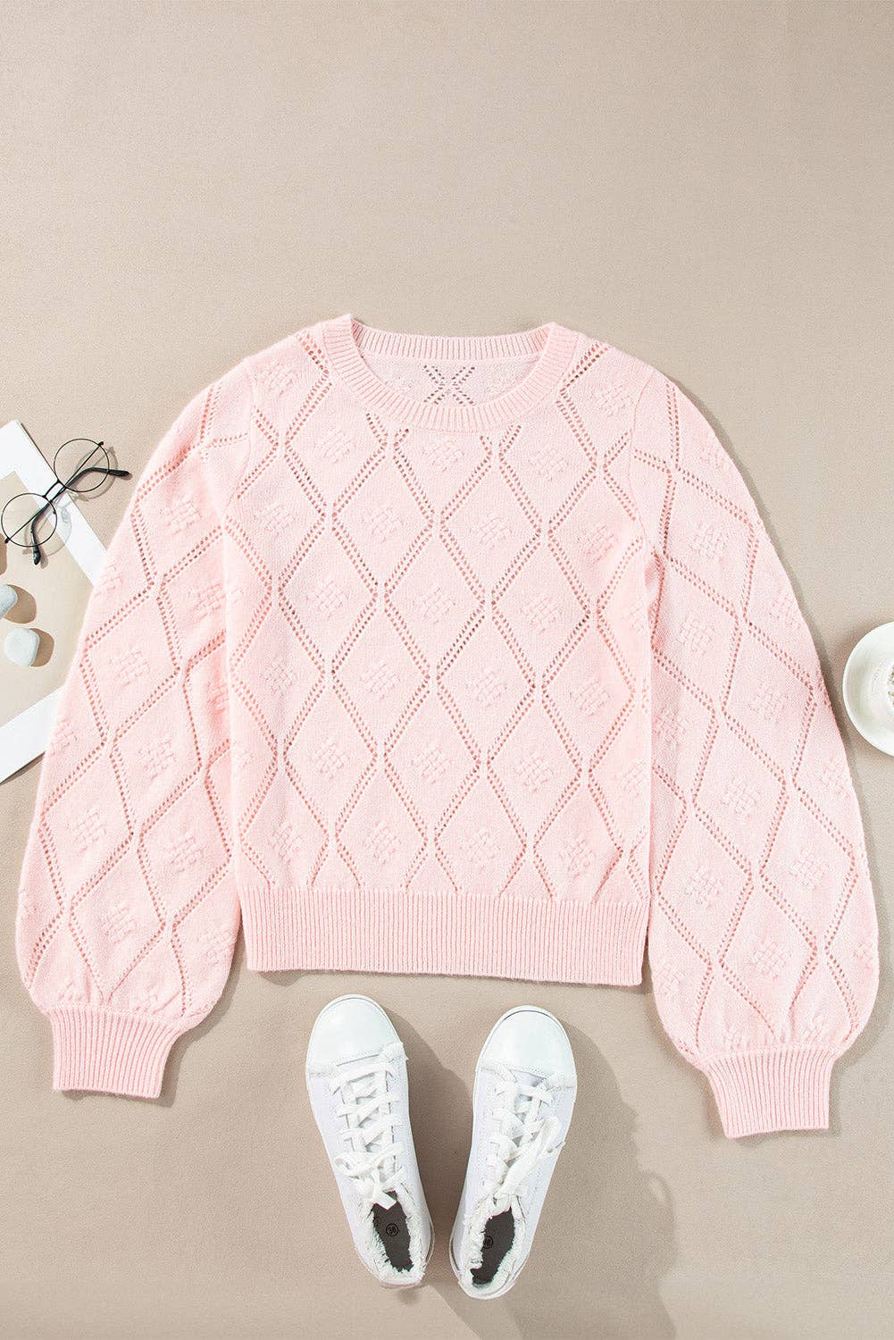 Pointelle Knit Puff Sleeve Sweater: Gossamer Pink / M