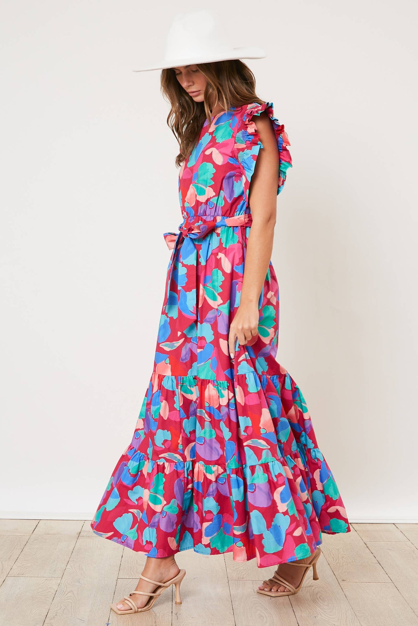 Floral Waist Tie Maxi Dress: PLUM MULTI / S