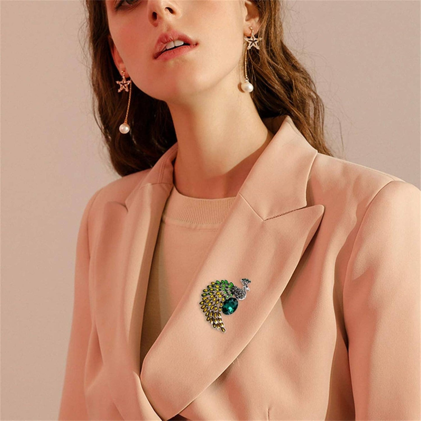 Elegant Crystal Peacock Brooch – Green & Gold Statement Pin