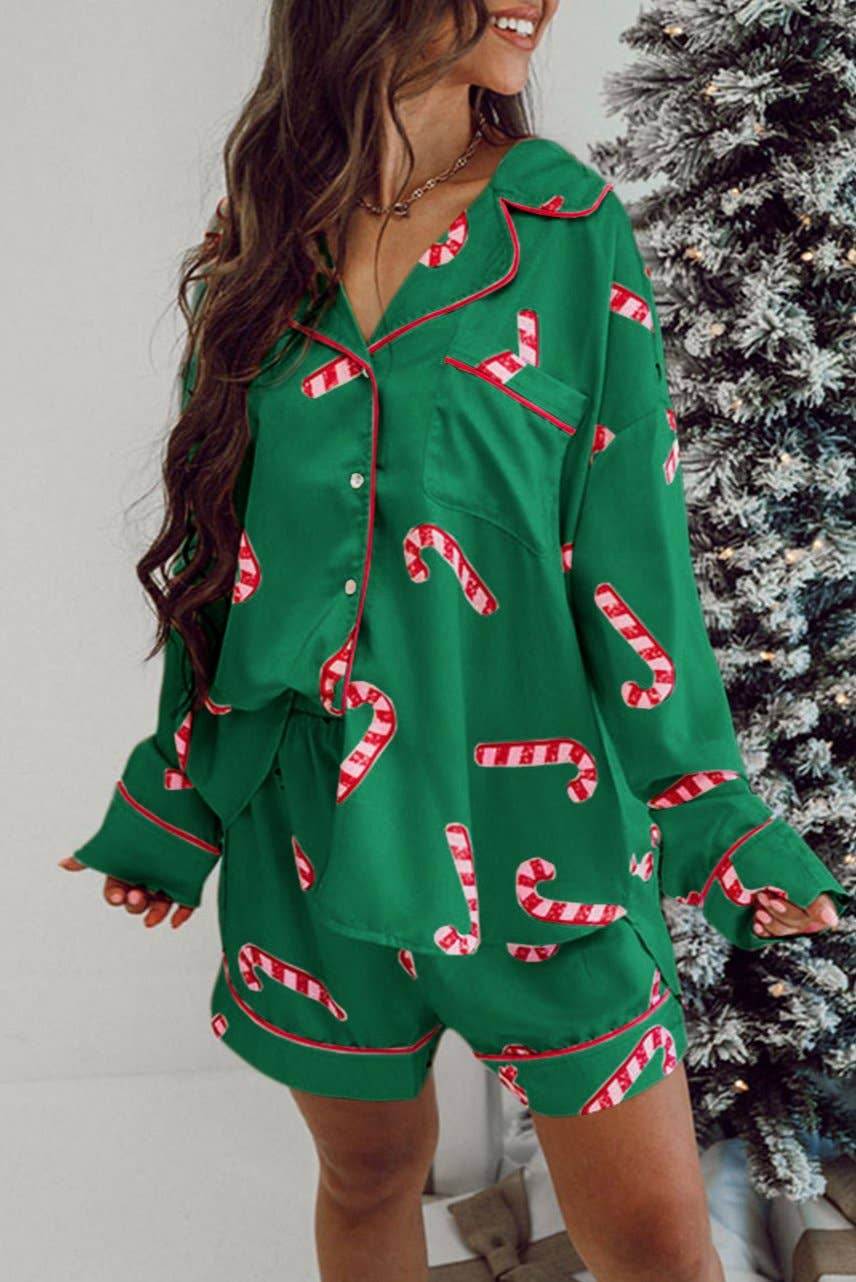 Candy Cane Shirt and Shorts Pajama Set: Green / S