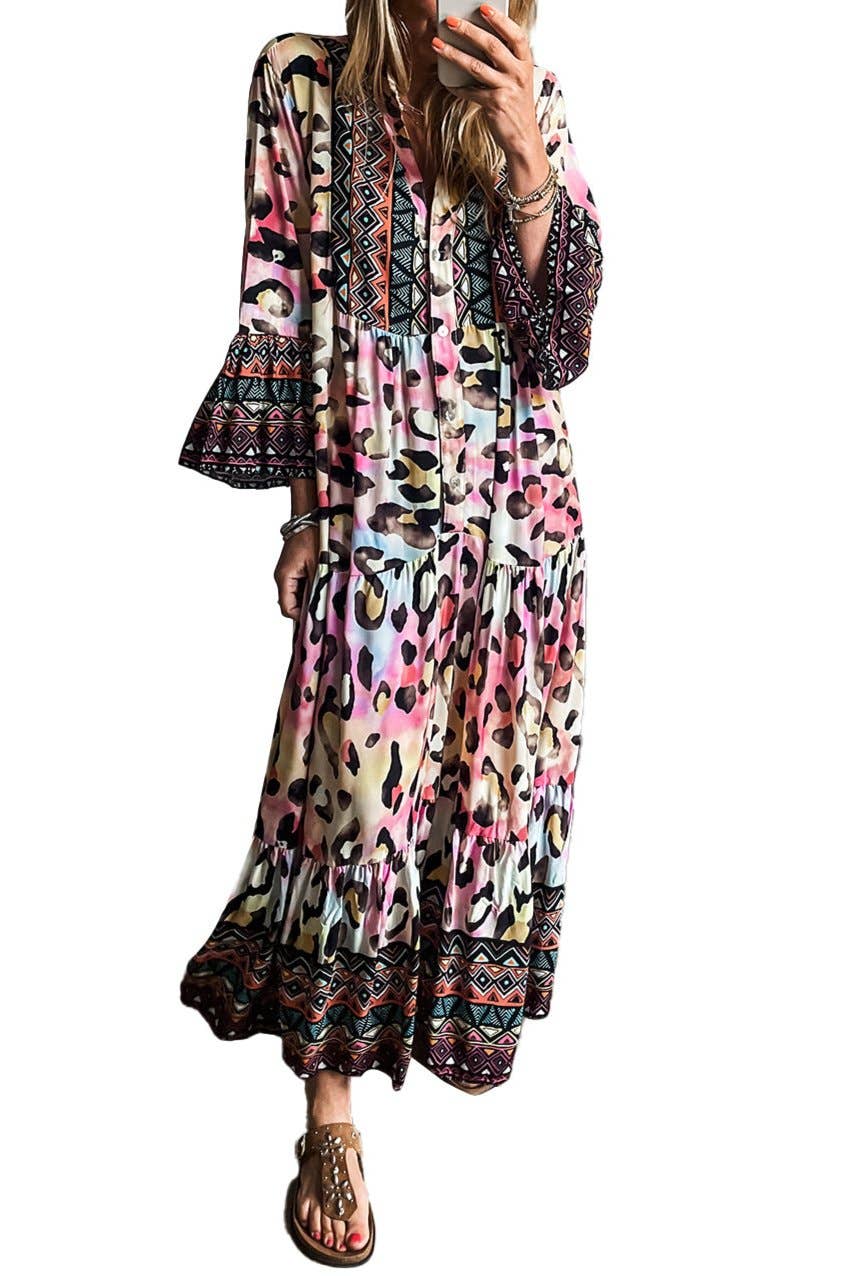 Leopard 3/4 Sleeve Tiered Maxi Dress: Pink / L