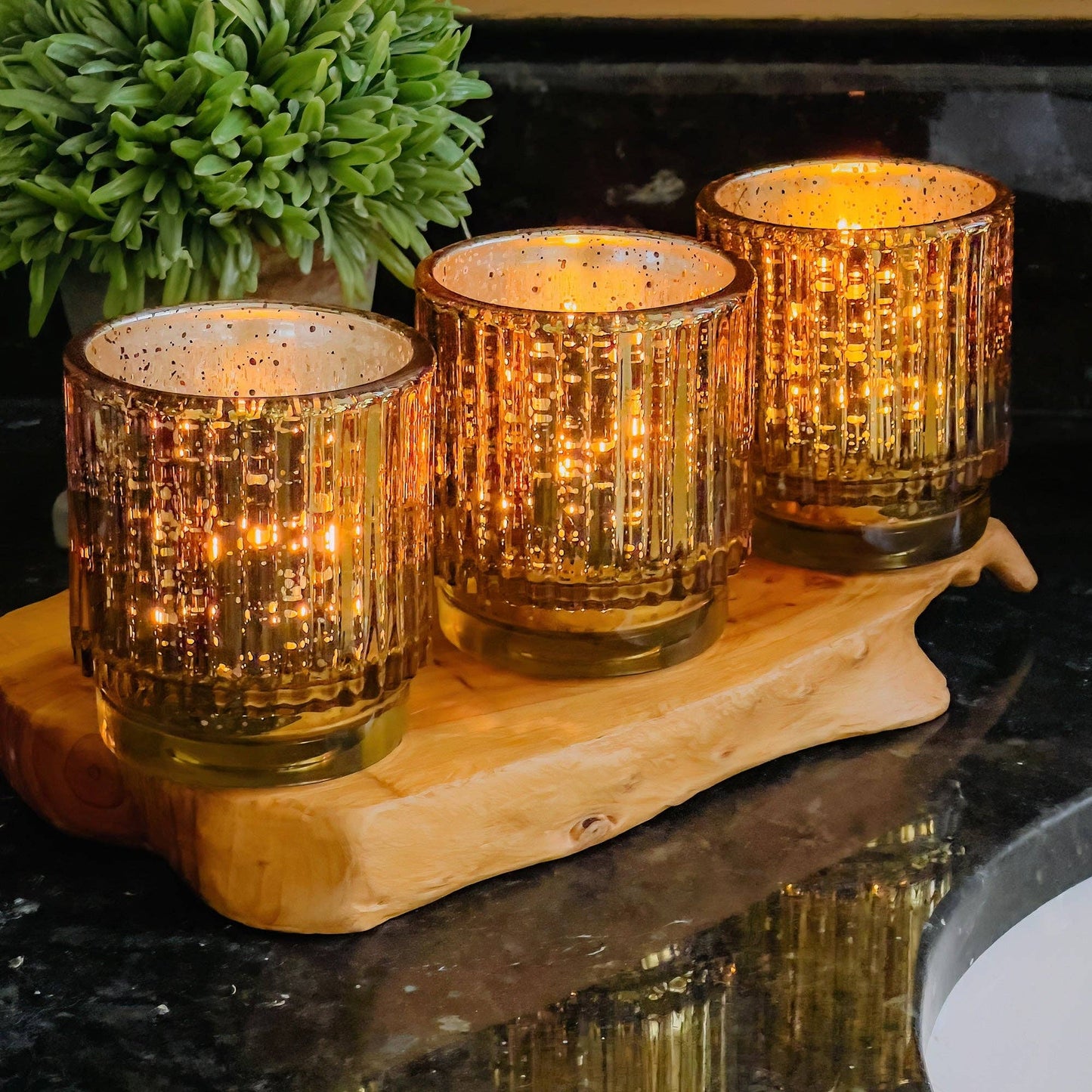 Ribbed Gold Glass Votive Candle Holder (Set of 6)