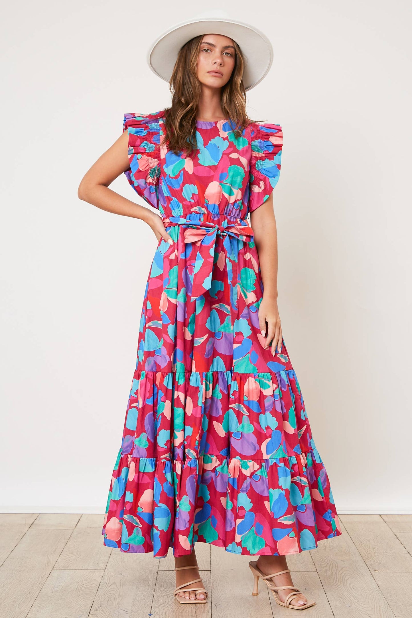 Floral Waist Tie Maxi Dress: PLUM MULTI / S