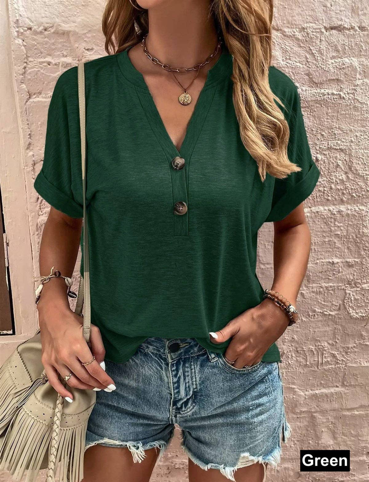 Buttoned V Neck Cuffed Sleeve Top: Green / L