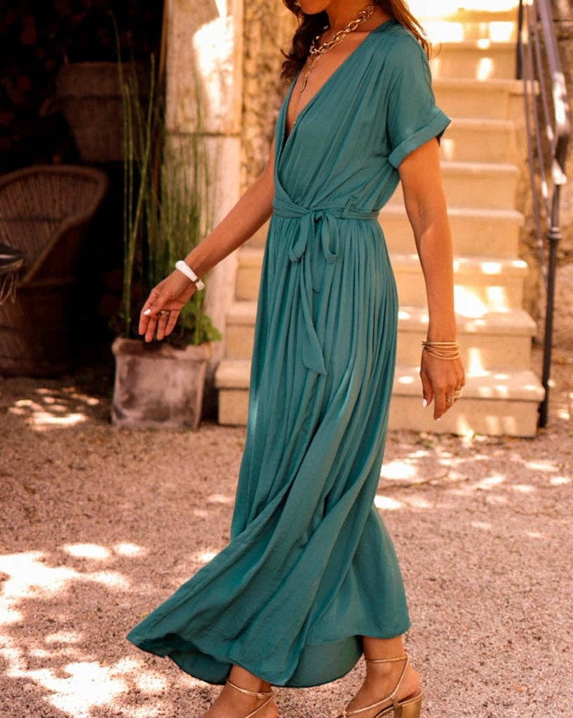 Pleated V-Neck Wrap Maxi Dress