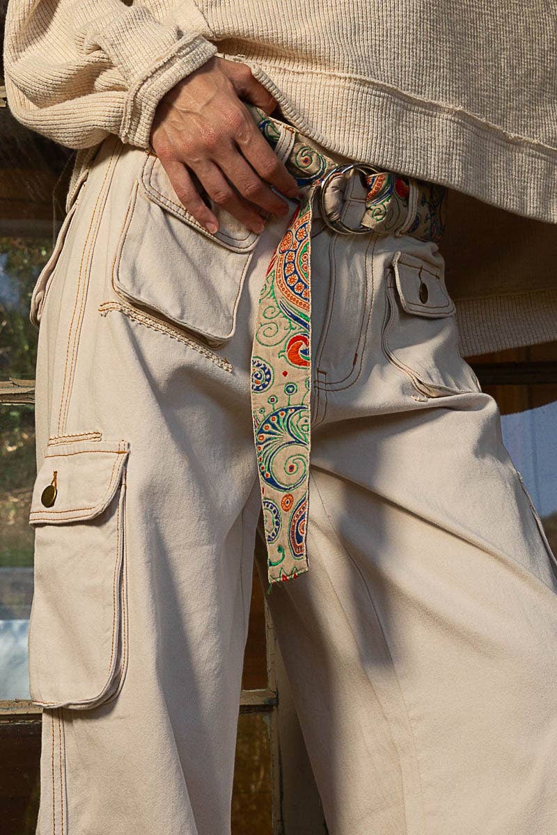 Embroidered patterns ring tie cloth belt: OS / NATURAL/BLUE