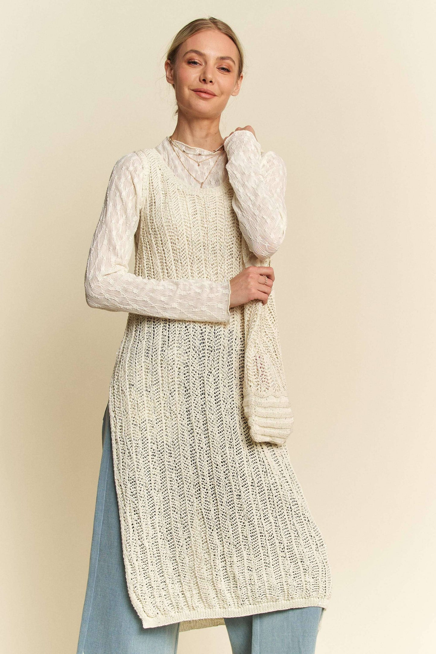 KNIT SIDE SLIT ROUND NECK SLEEVE LESS DRESS & BAG: Beige / L