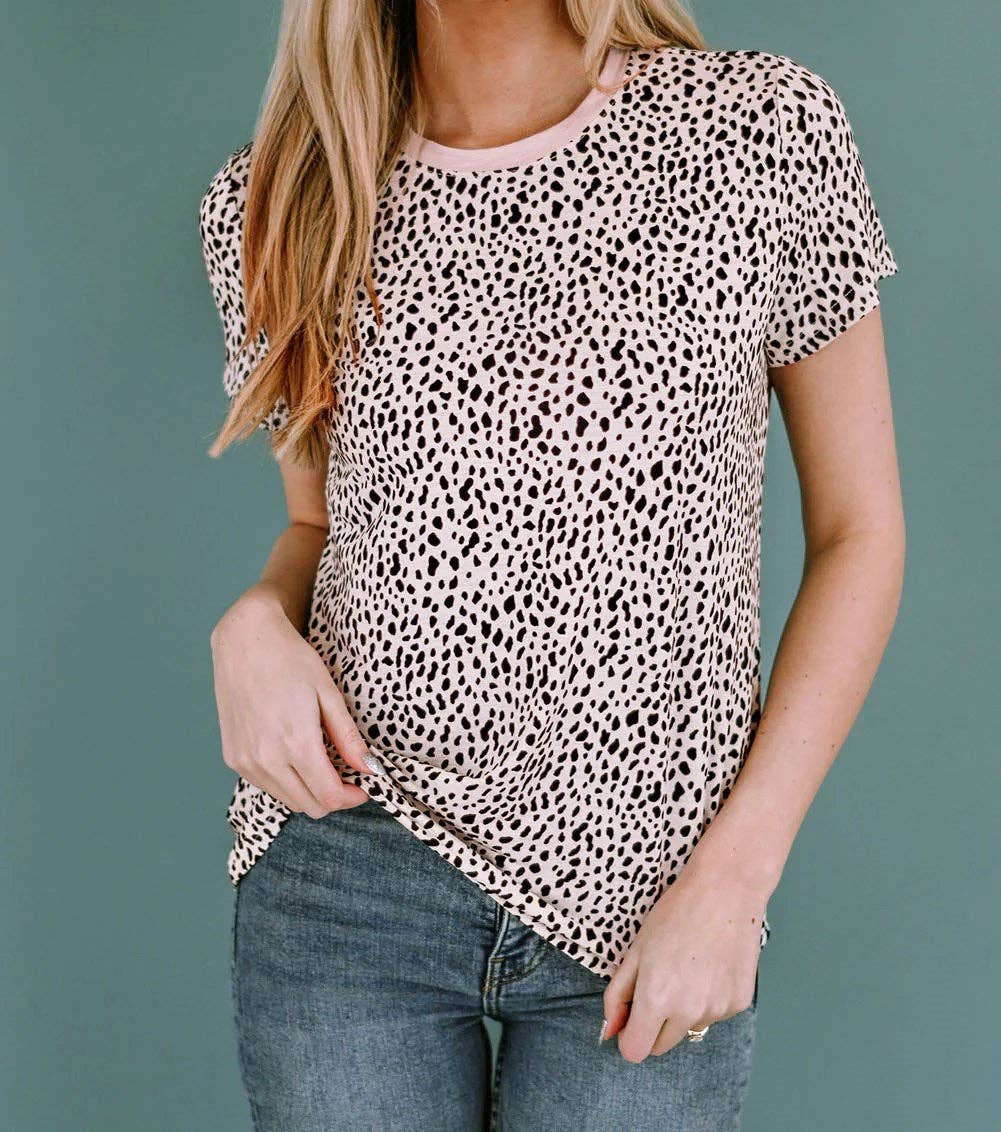 Leopard Print Short Sleeve Spotted Tee T Shirt Top: L / Apricot