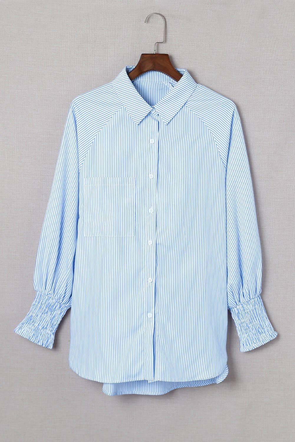 Striped Smocked Sleeve Buttoned Shirt: L / Black