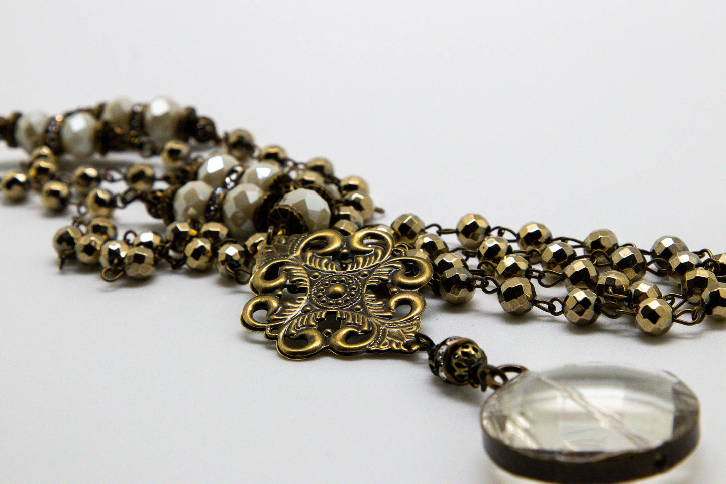 Necklace Long Vintage Gold Hematite Circle Glass Drop