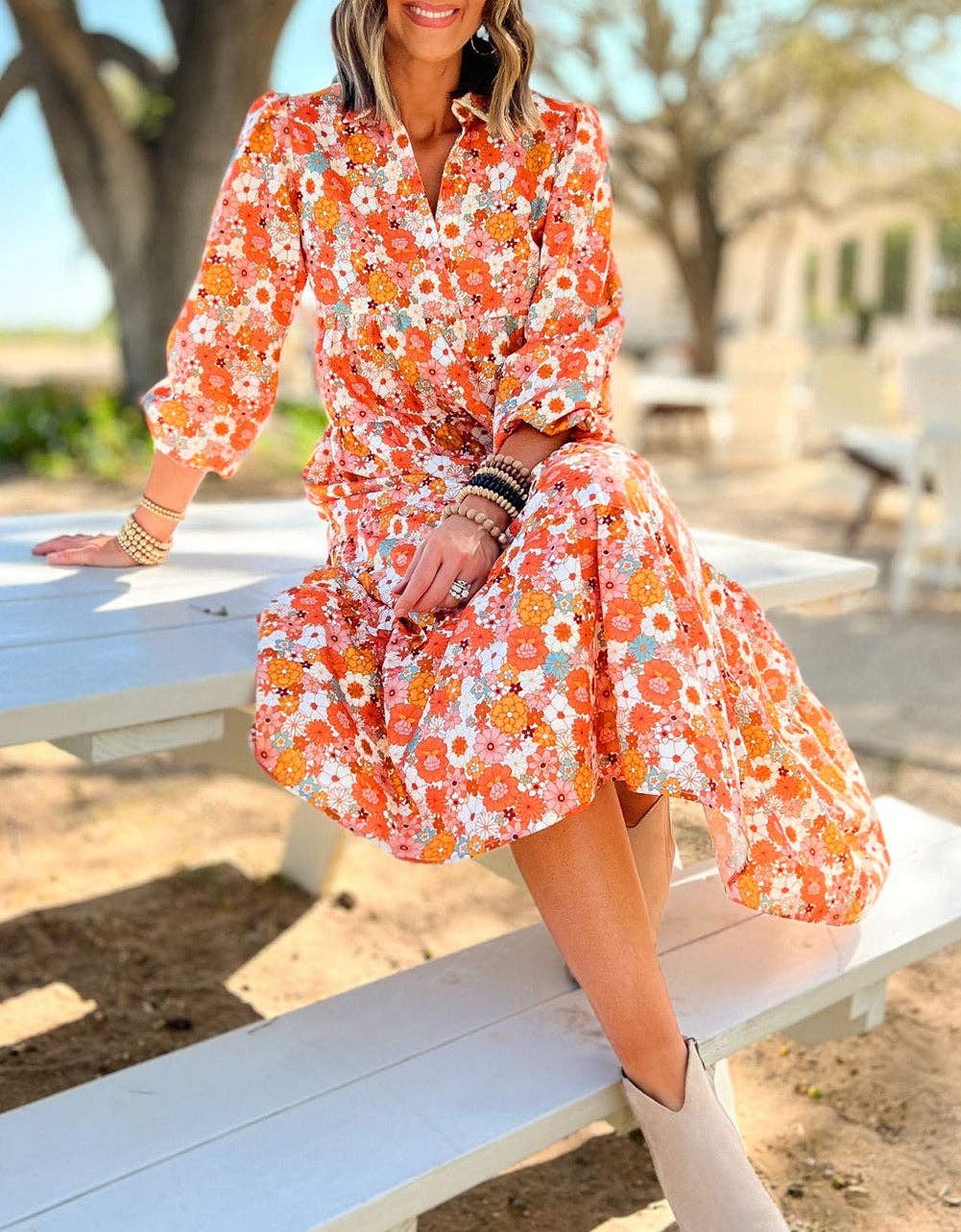 Boho Floral Collared Long Sleeve Ruffled Dress: Orange / L