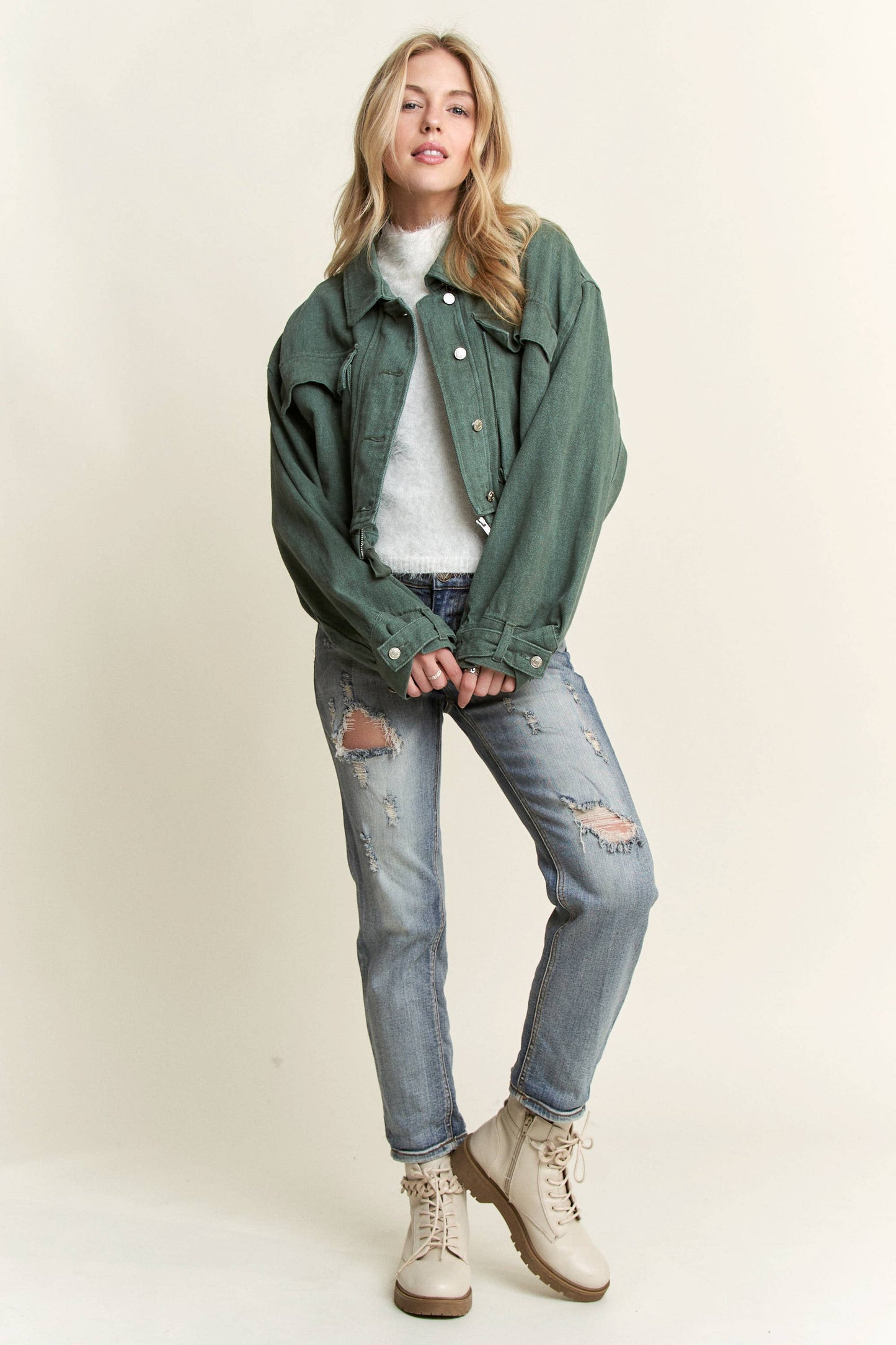 CEJ3653 - DRAWSTRING WAIST WASHED DENIM JACKET: FOREST GREEN / M