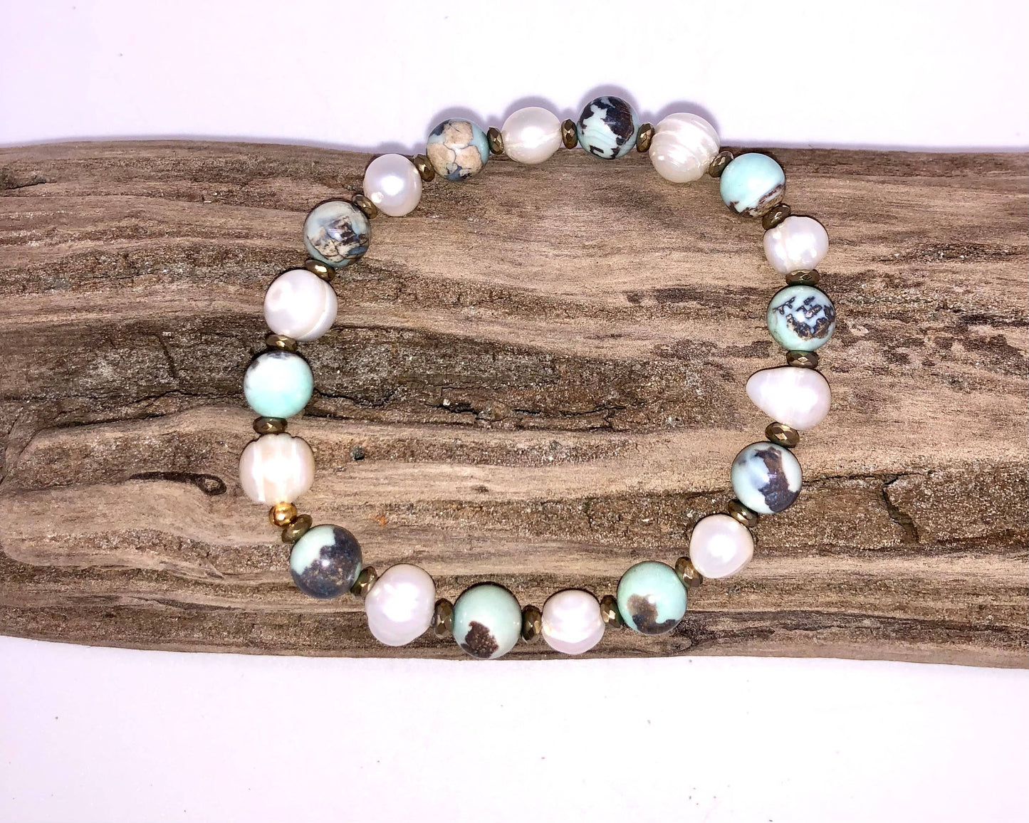 Bracelet Stretch ImperialJasper/Freshwater Pearl,Hem Spac.7”