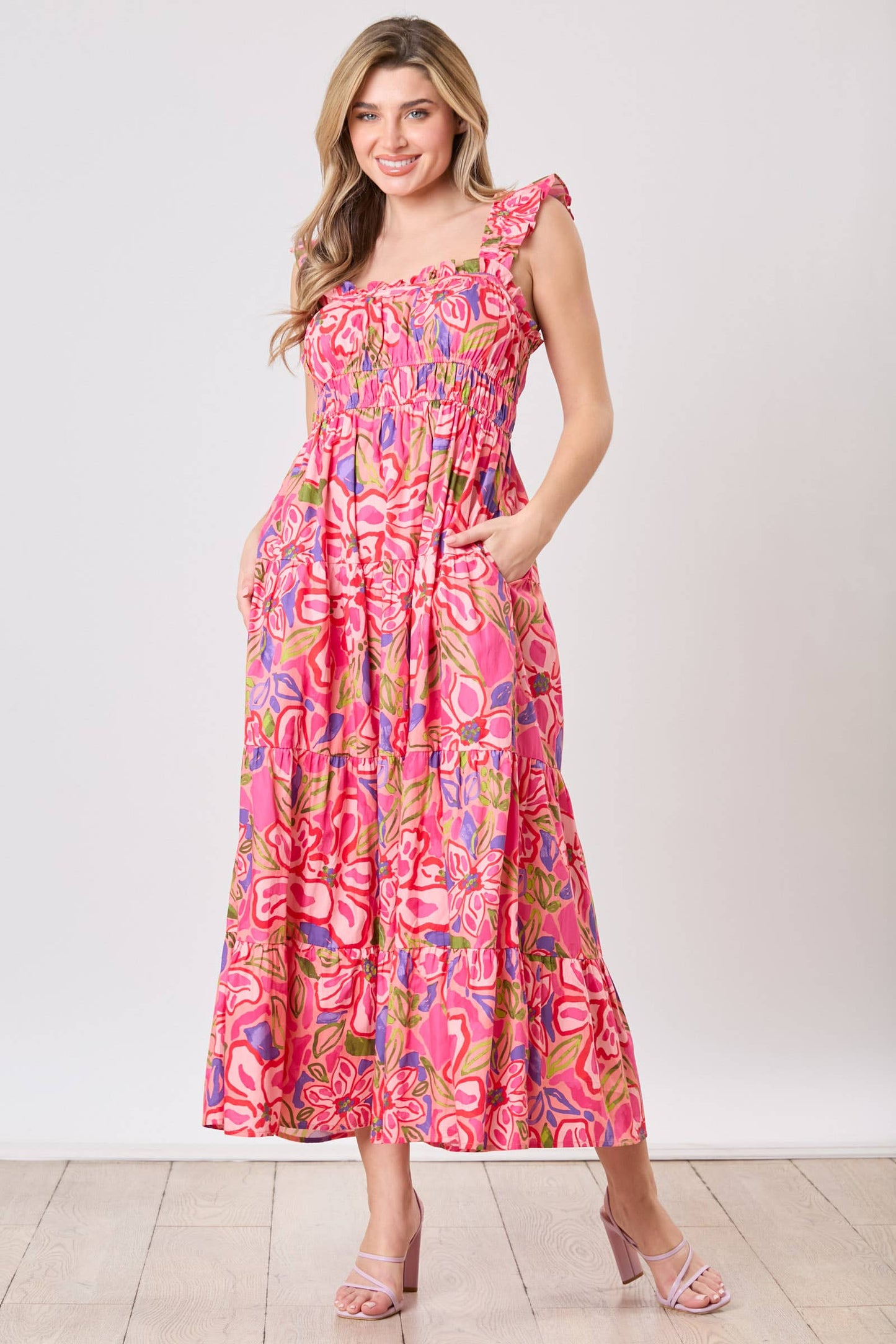 Floral Prints Pleated Detail Midi Dress: L / CORAL/PINK MULTI