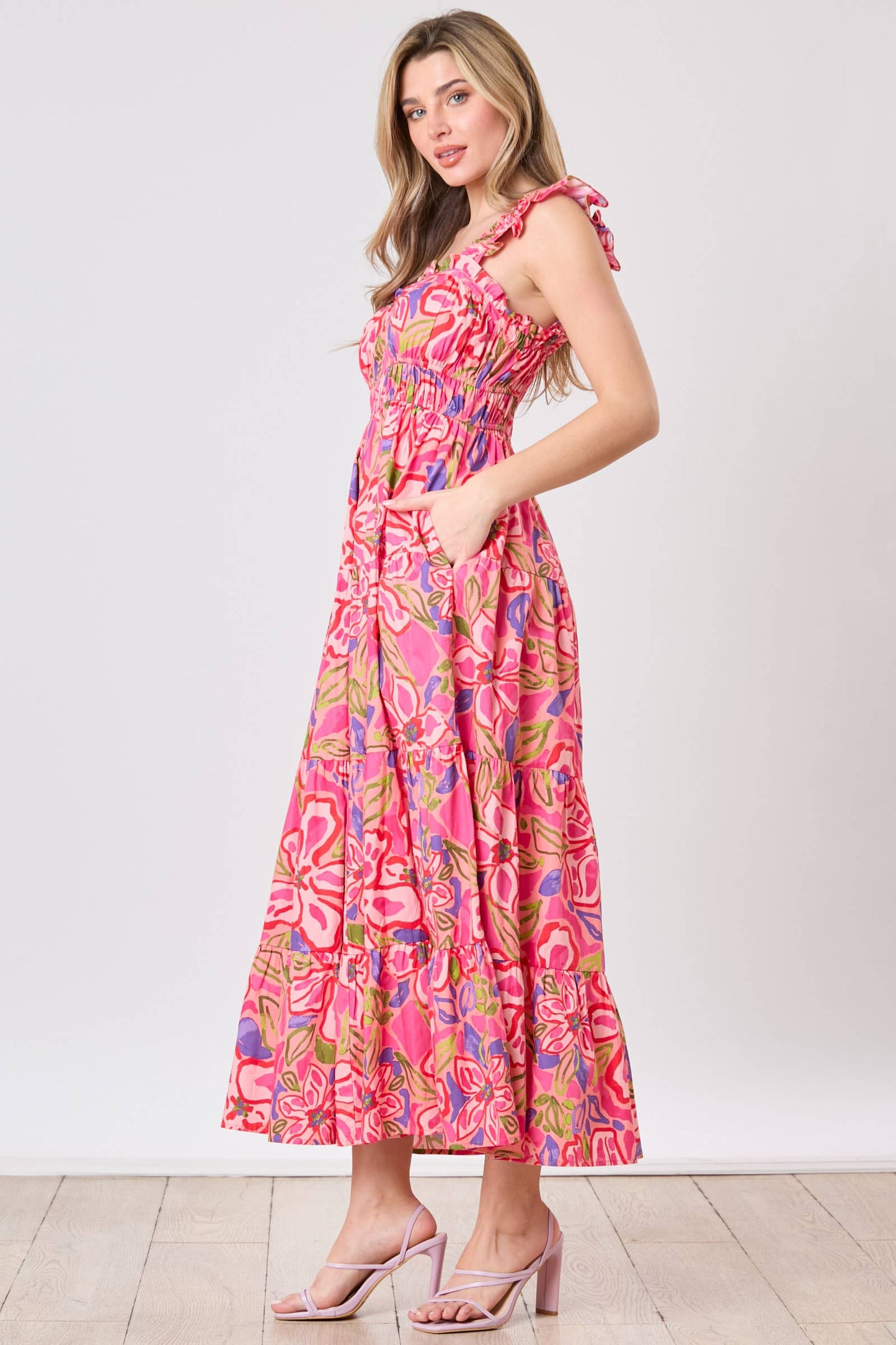 Floral Prints Pleated Detail Midi Dress: L / CORAL/PINK MULTI