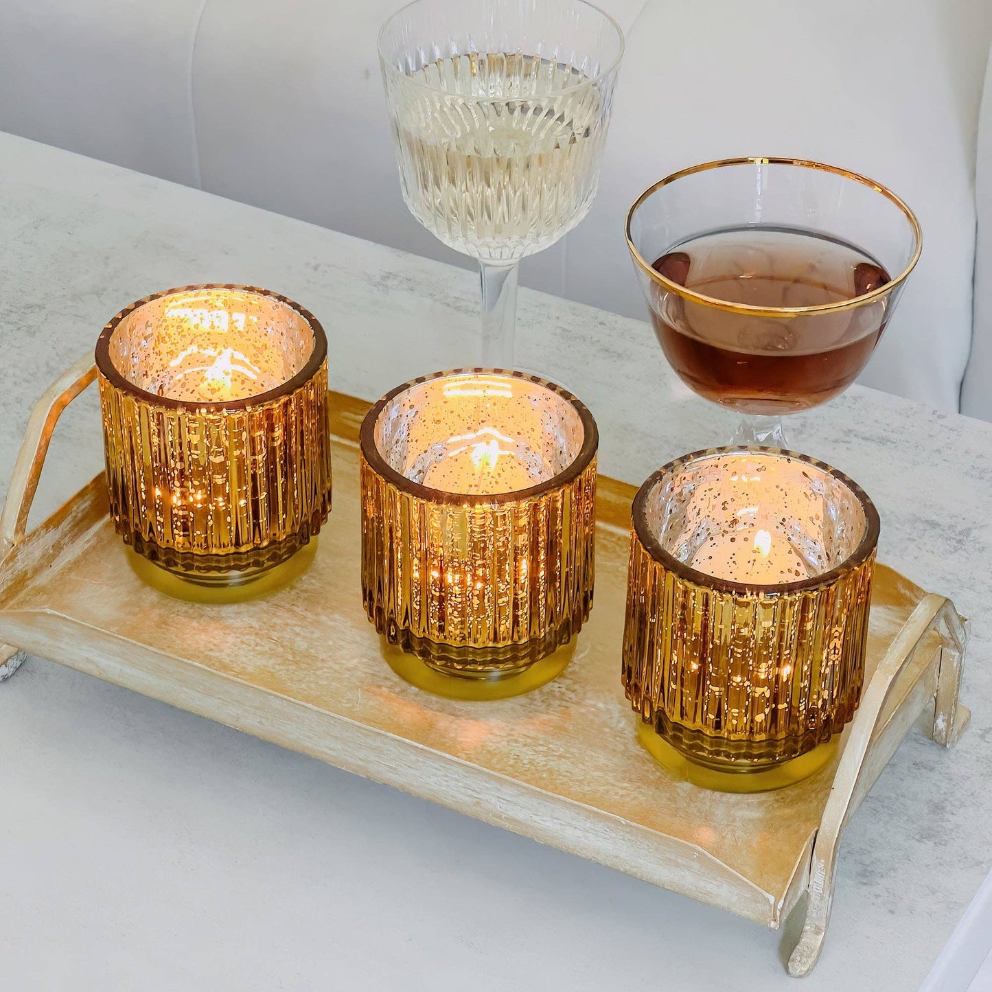 Ribbed Gold Glass Votive Candle Holder (Set of 6)