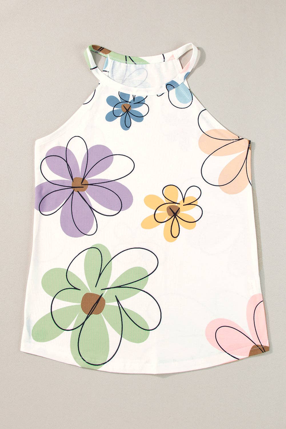 Floral Round Neck Tank Top: Beige / L