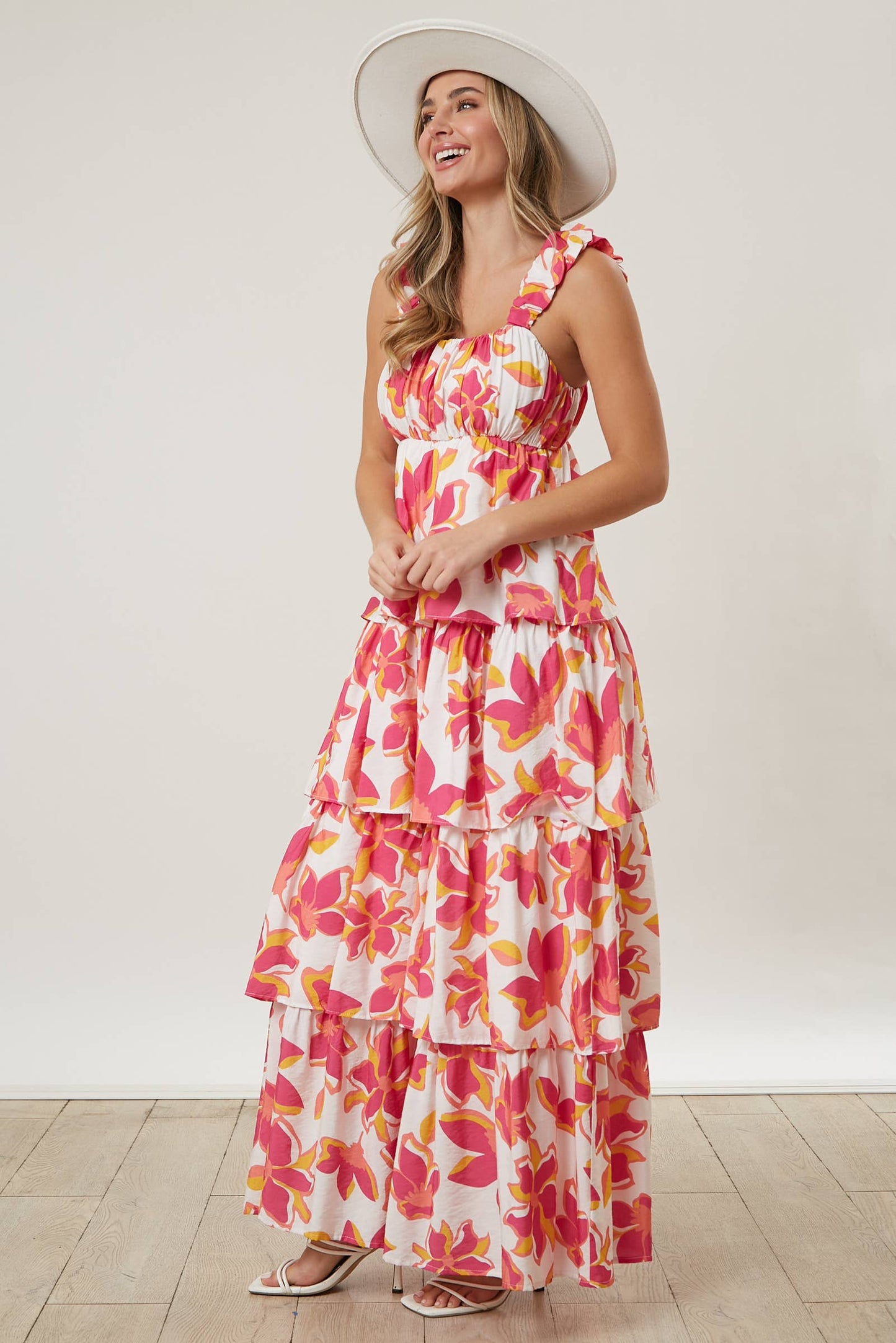 Tiered Floral Maxi Dress: WHITE/FUCHSIA / M