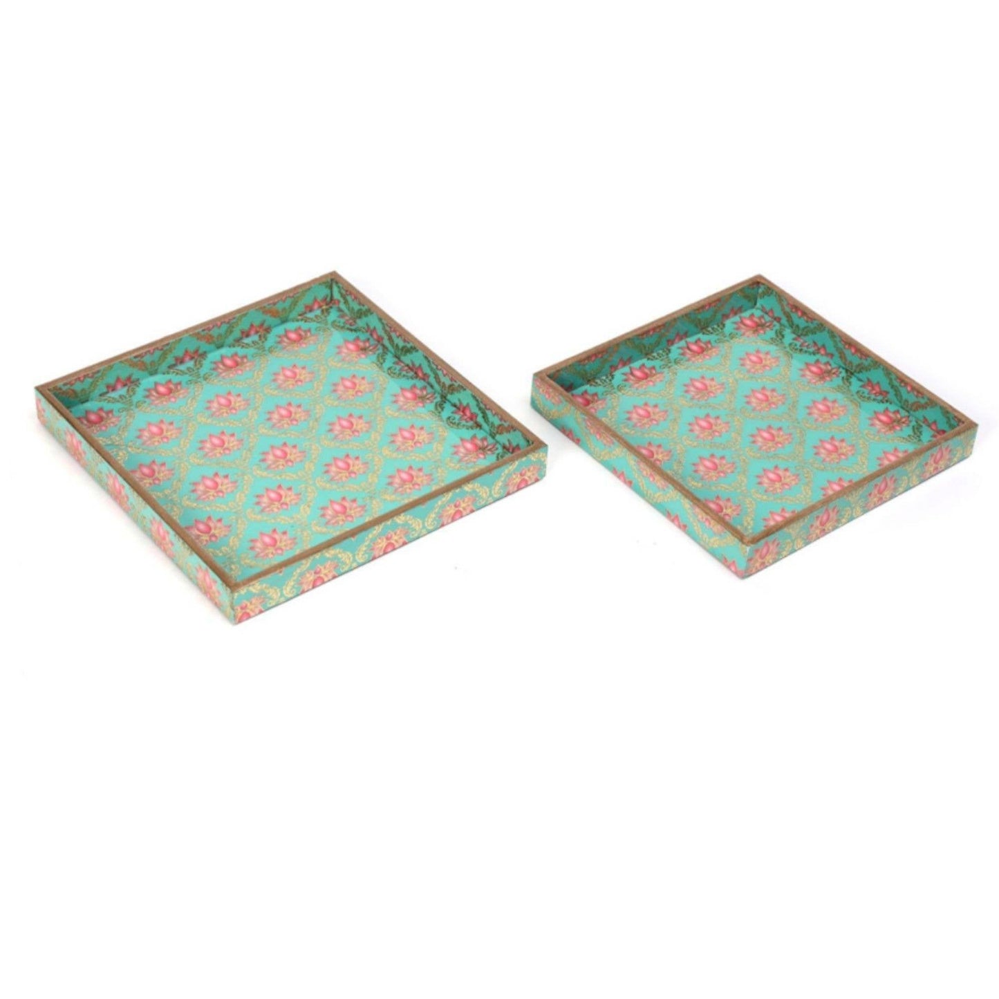 Set of 2: Designer Wooden Serving Tray 3D Gold Foil Details