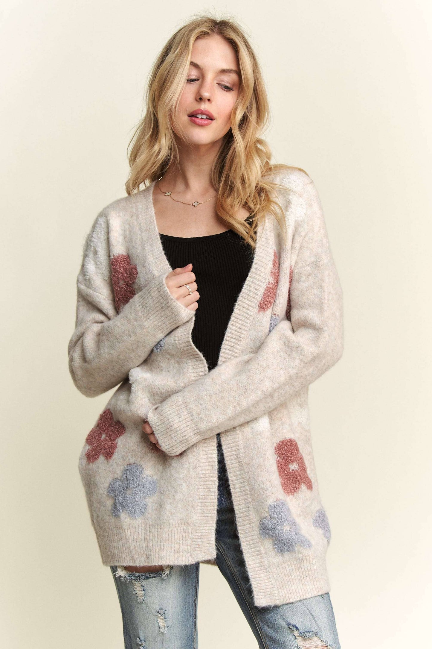 CESW3579X - PLUS PUFF FLOWER TWO TONE CARDIGAN: BEIGE / 3XL