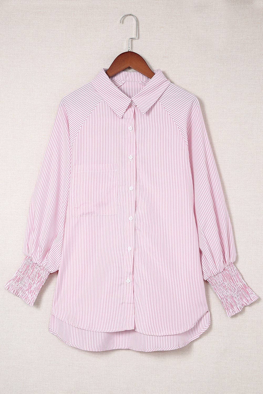 Striped Smocked Sleeve Buttoned Shirt: L / Black