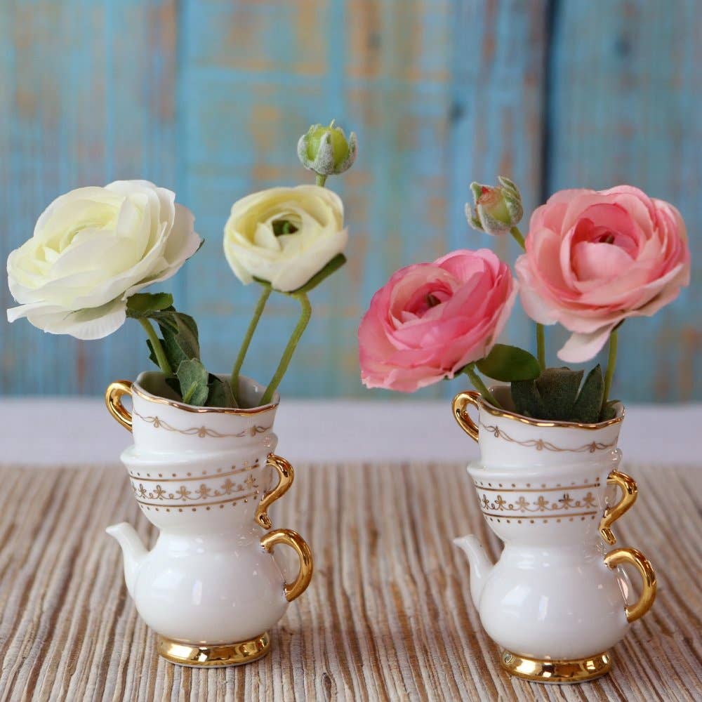 Tea Time Whimsy Ceramic Bud Vase (Set of 2)