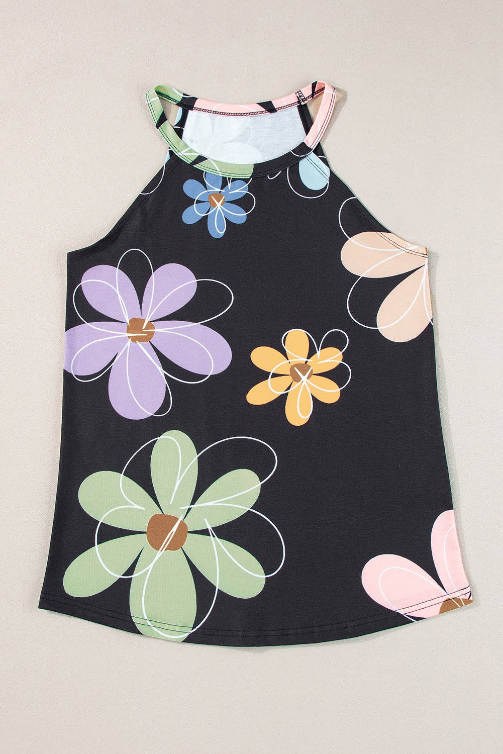 Floral Round Neck Tank Top: Beige / L