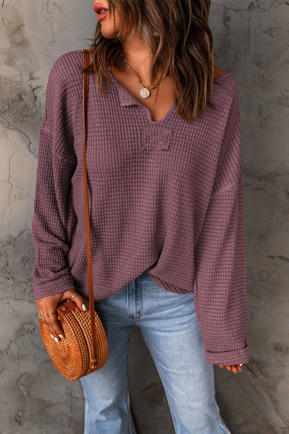 Waffle Wide Long Sleeve Top: Purple / S