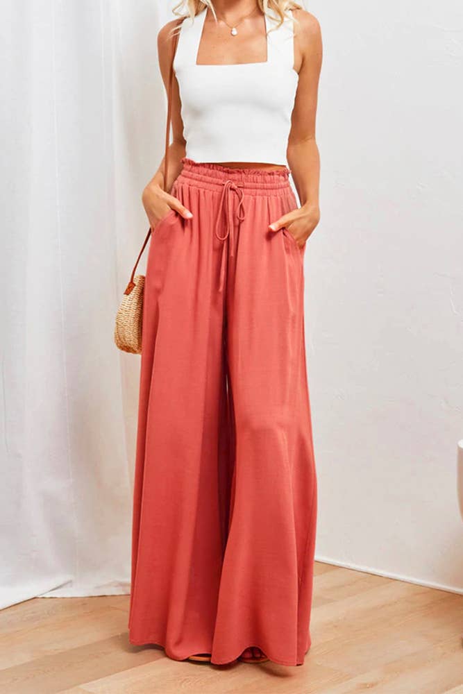 High Waist Wide Leg Pants With Drawstring BTMW245: Khaki / M