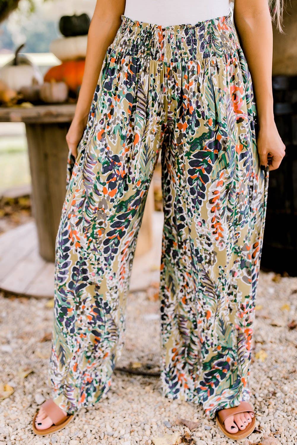 Shirred High Waist Floral Palazzo Wide Leg Pants: L