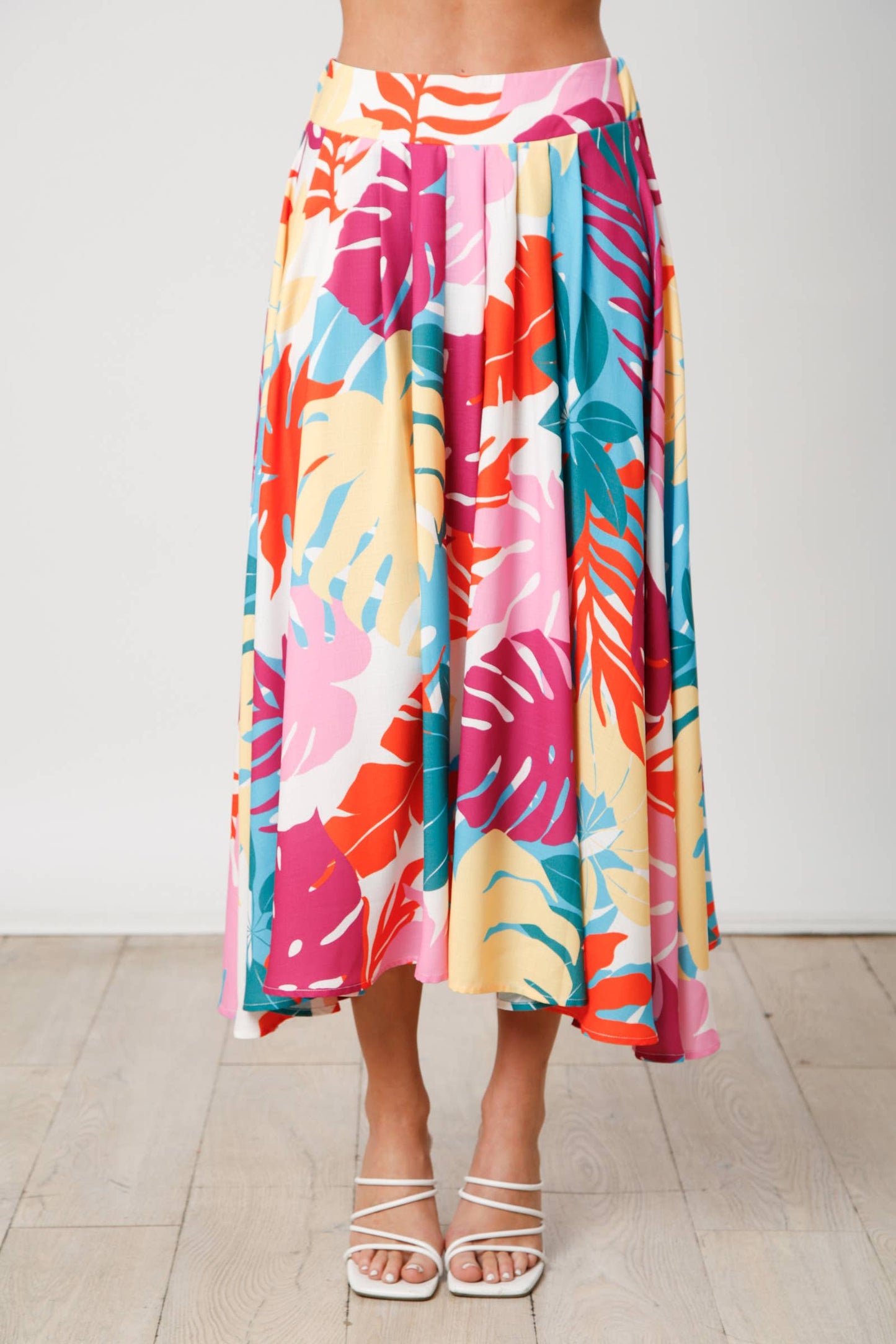 Tropical Print Linen Skirt: BLUE MULTI / L