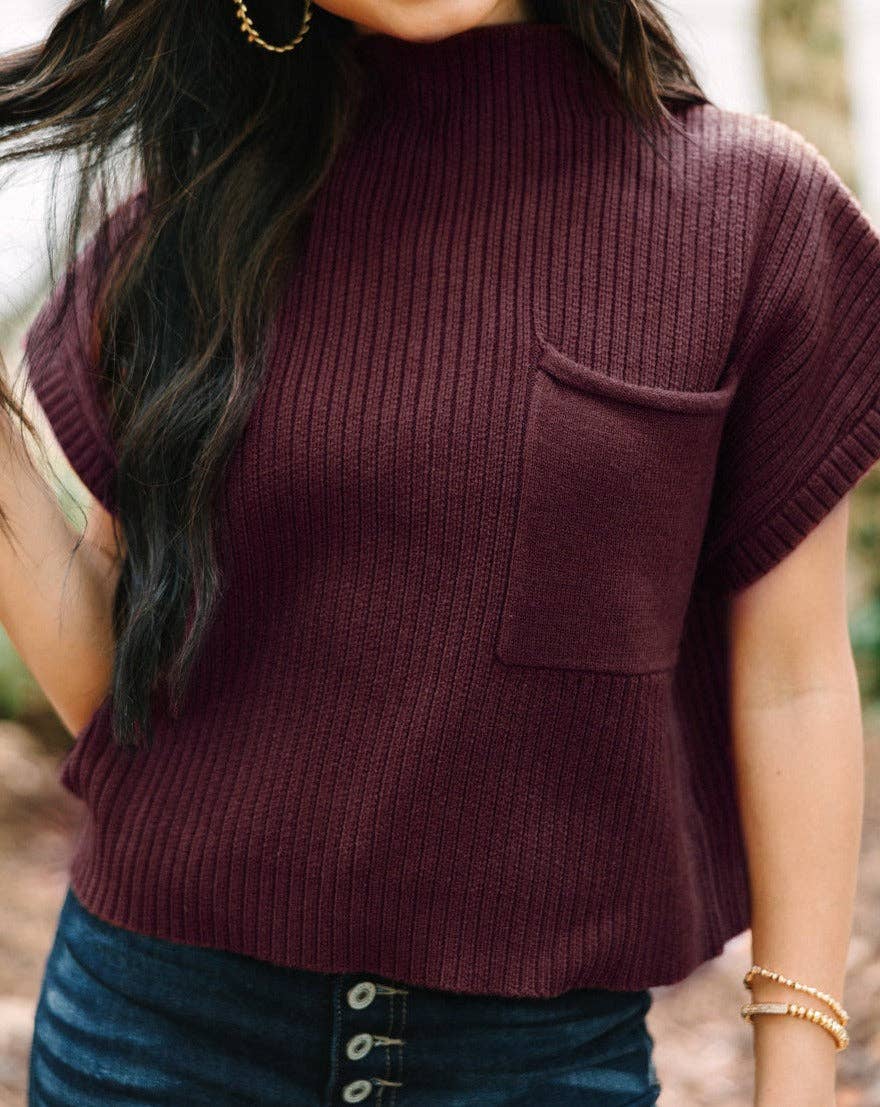 Ribbed Short Sleeve Pocketed Sweater: Mineral Red / 50%Viscose+28%Polyester+22%Polyamide / S