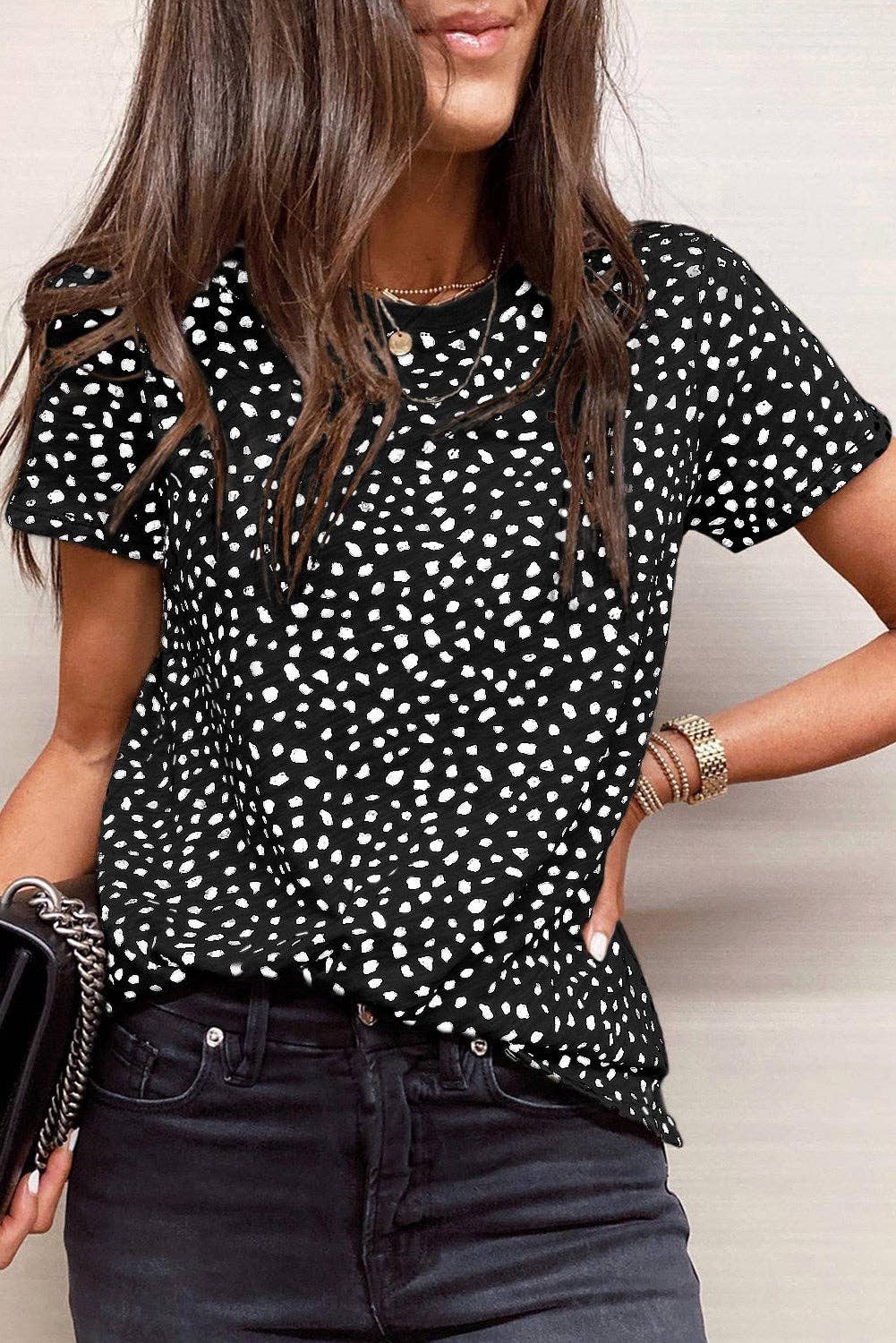 Leopard Print Short Sleeve Spotted Tee T Shirt Top: L / Apricot