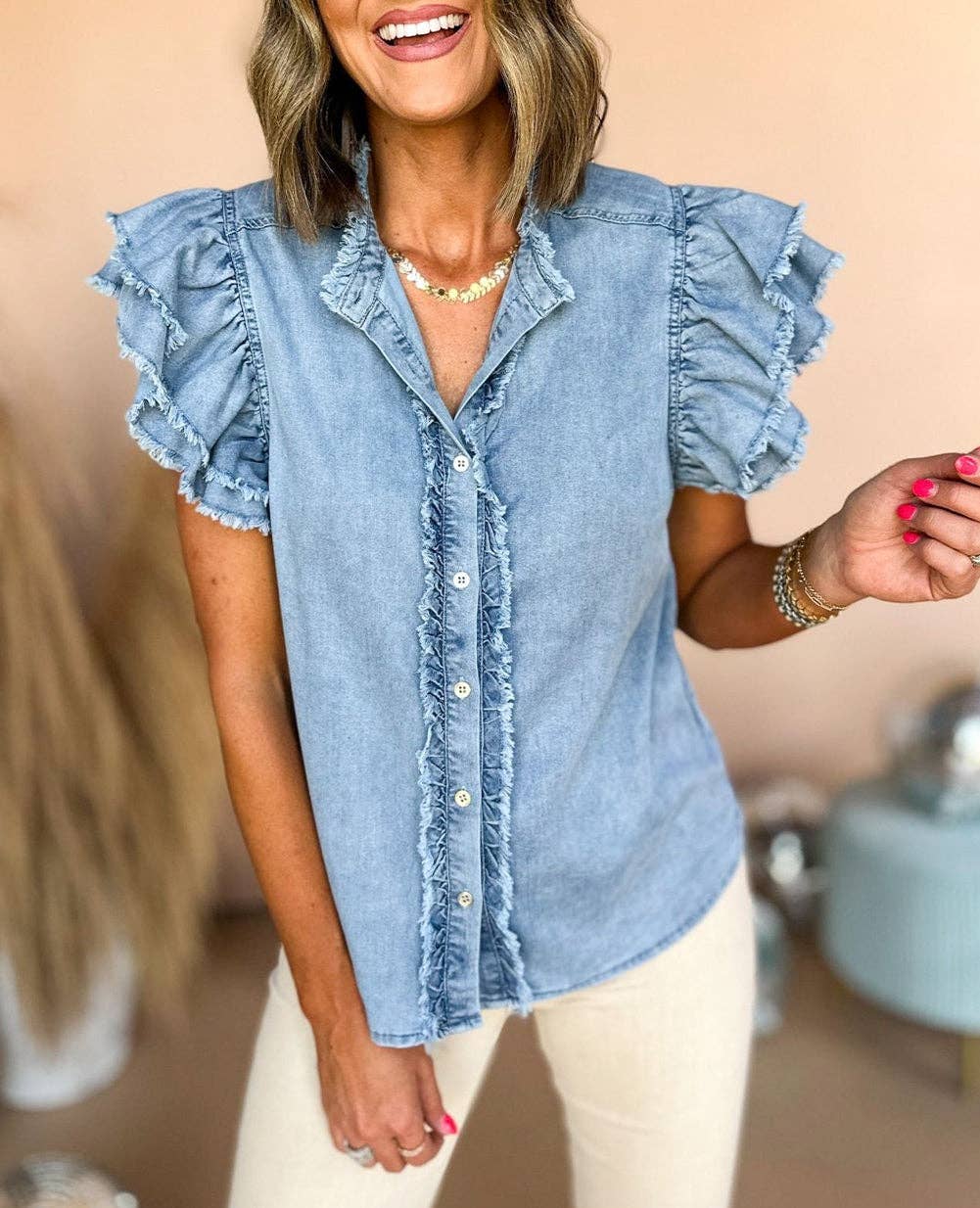 Button Front Ruffled Flutter Frayed Denim Top: Black / L