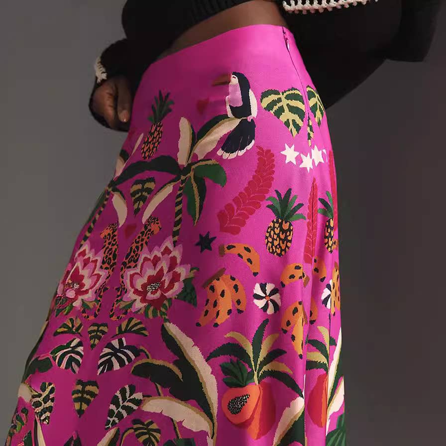 Vintage High-Waisted Botanical Print Skirt: Rosered / L