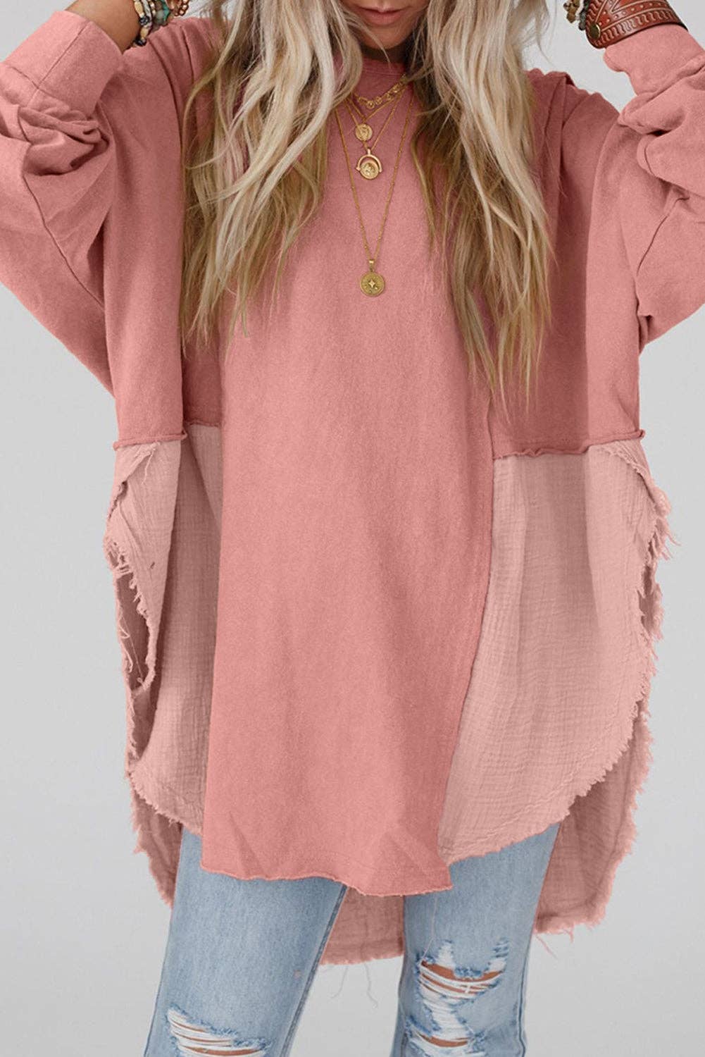 Crinkle Patchwork Raw Edge Blouse: Orange / 80%Polyester+20%Cotton / L