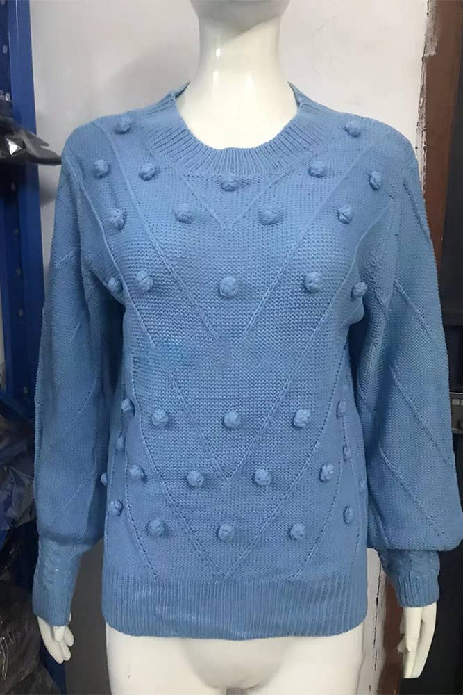 Fall Winter Blue Long Sleeves Knitting Sweater ZK2380: Blue / M